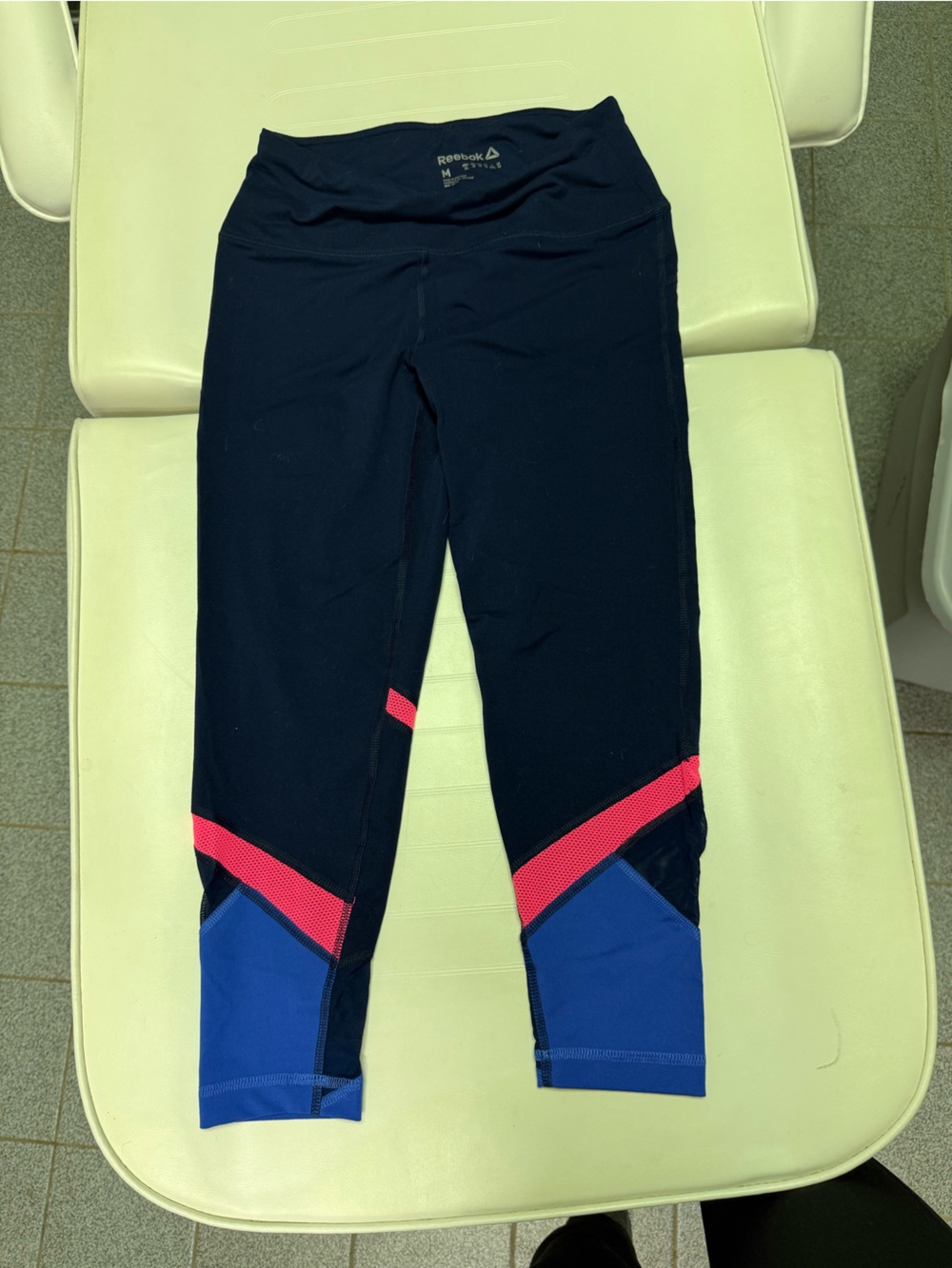 Reebok Navy Leggings with Blue Panels and Pink Accent